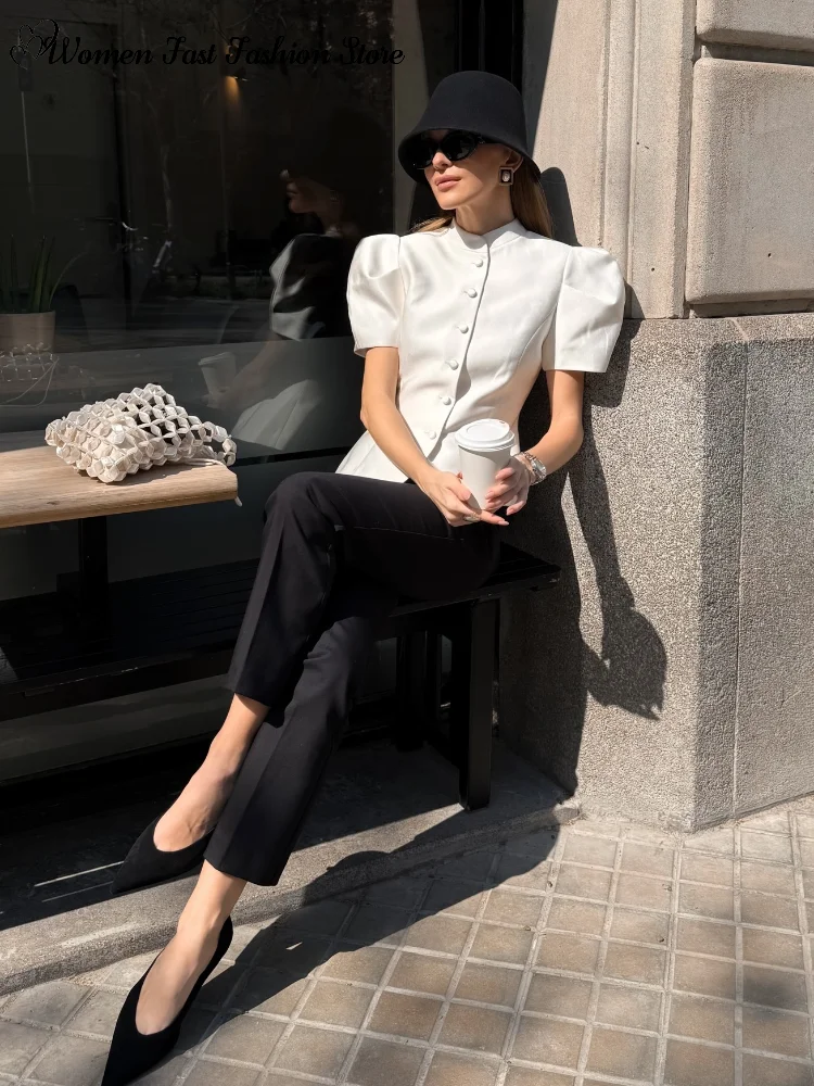 Elegant Single-Breasted Short Sleeve O-Neck Solid Top for Street Style — photo 2