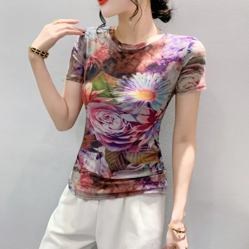 

#6429Tie Dye Floral Print Mesh T Shirt Women Short Sleeve Vintage Short T-shirt Female Tight Elastic Tee Shirt Femme Sexy Summer