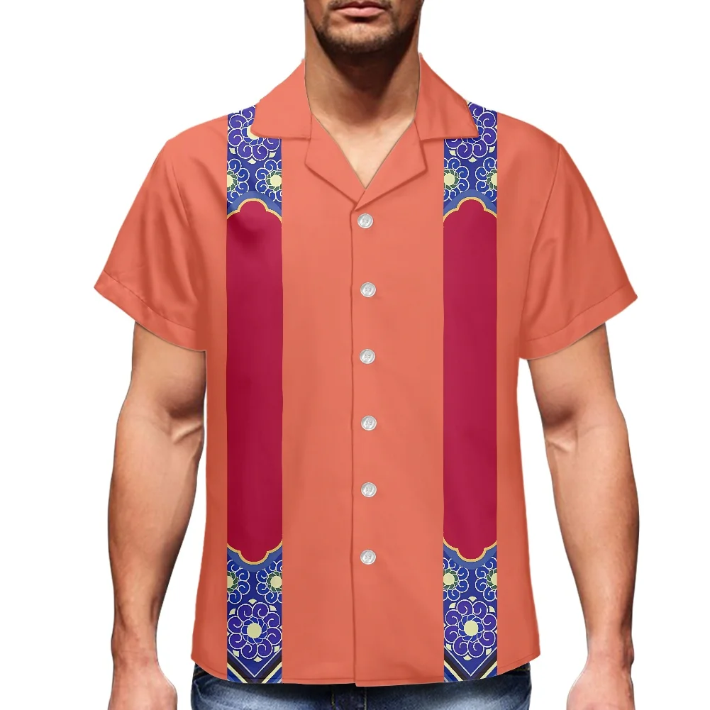 Men Hawaiian Samoa Shirts Red And Blue Strip Printing Vintage Shirts Men Printed Button Down Shirt Short Sleeve Lapel Clothing