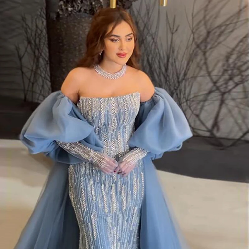 

Meetlove Sheer Fairy Luxury Dubai Mermaid Evening Dresses Puff Sleeve Strapless Arabic Formal Gowns for Women Wedding Party