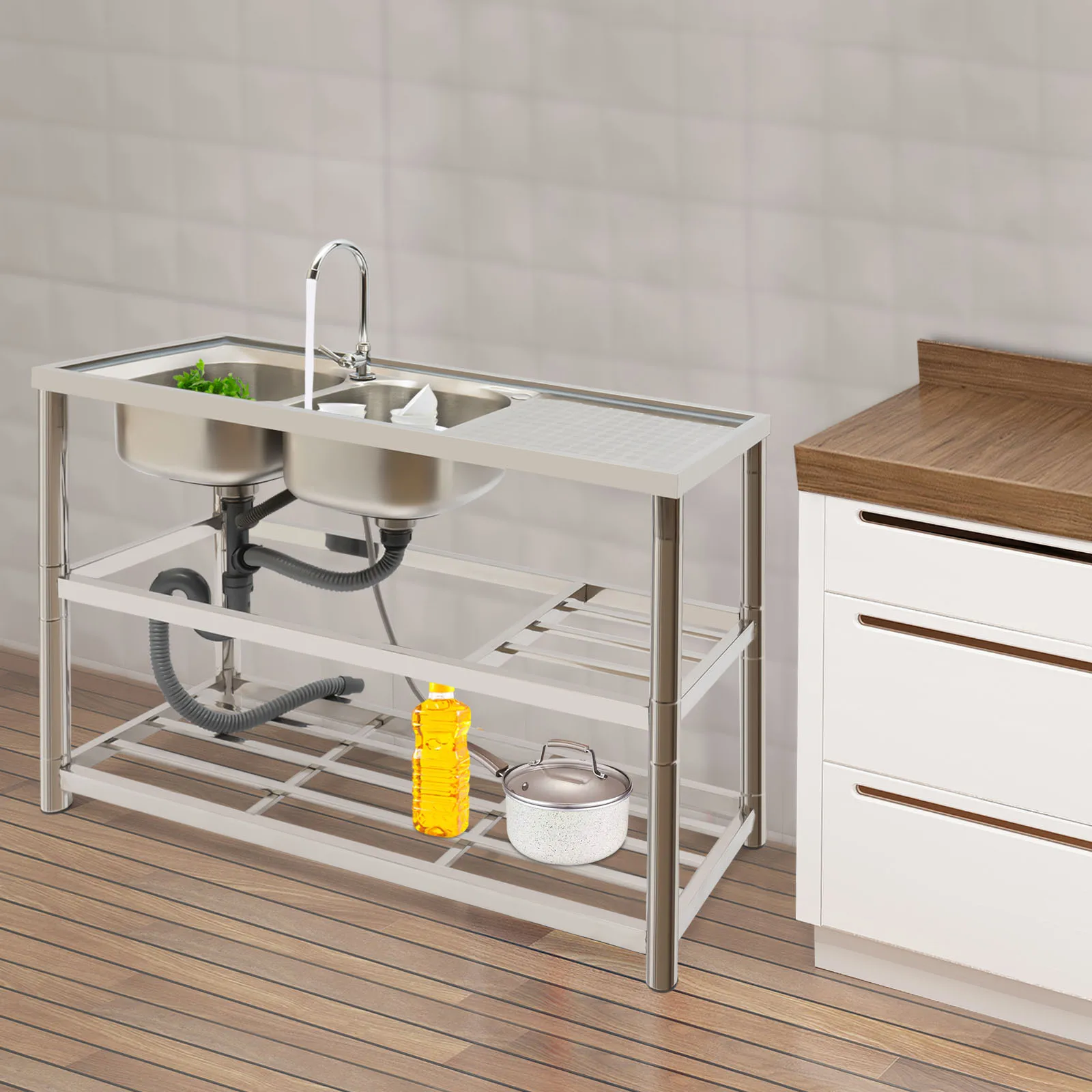 Free Standing Stainless-Steel Double Bowl Commercial Restaurant Kitchen Sink Set w/Faucet & Drainboard