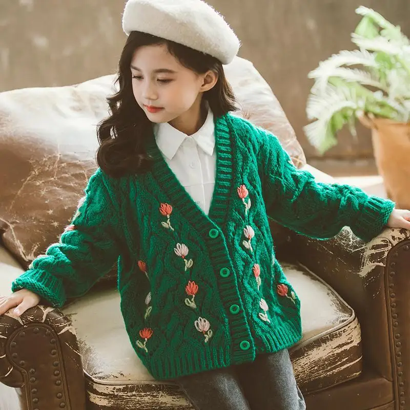 

Autumn Children Outerwear Clothing Girls Embroidered Knitted Cardigan Baby Sweaters Kids Wool Blend Baby-clothes Cute Sweater