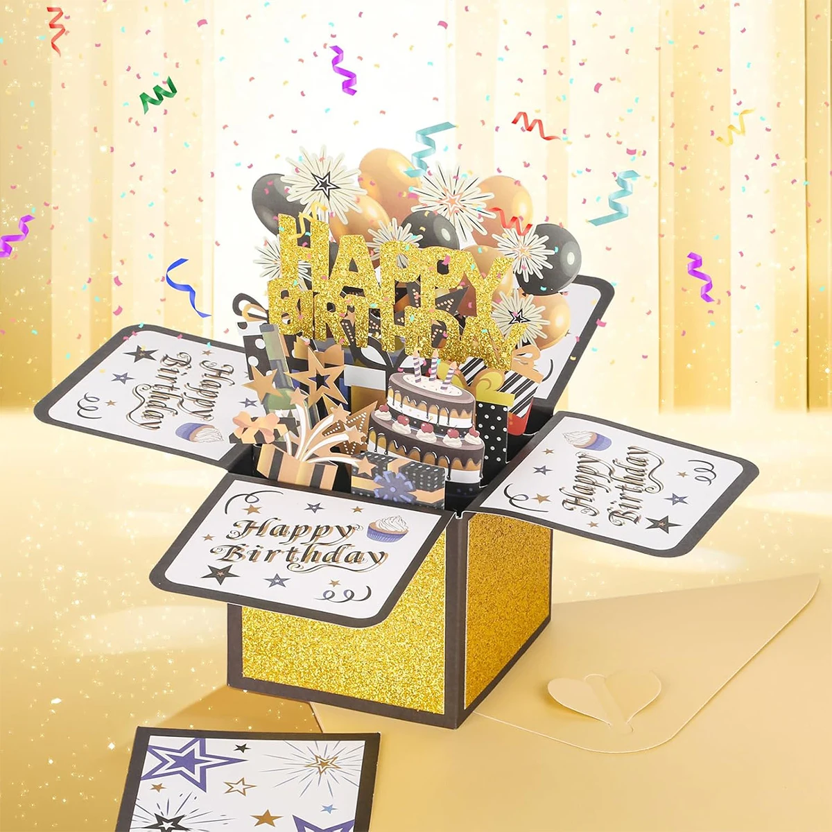 Happy Birthday Card Black and Gold 3D PopUp Greeting Cards Gift for Kids Wife Husband Birthday Gift Festive Party Supplies