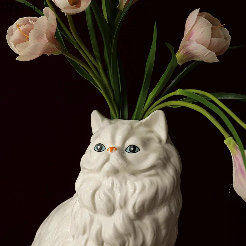 Cute White Cat Ceramic Vase Desk Decoration Flowers Arrangement Artificial Flower Decorative Floral Vases Room Aesthetic Decor 4