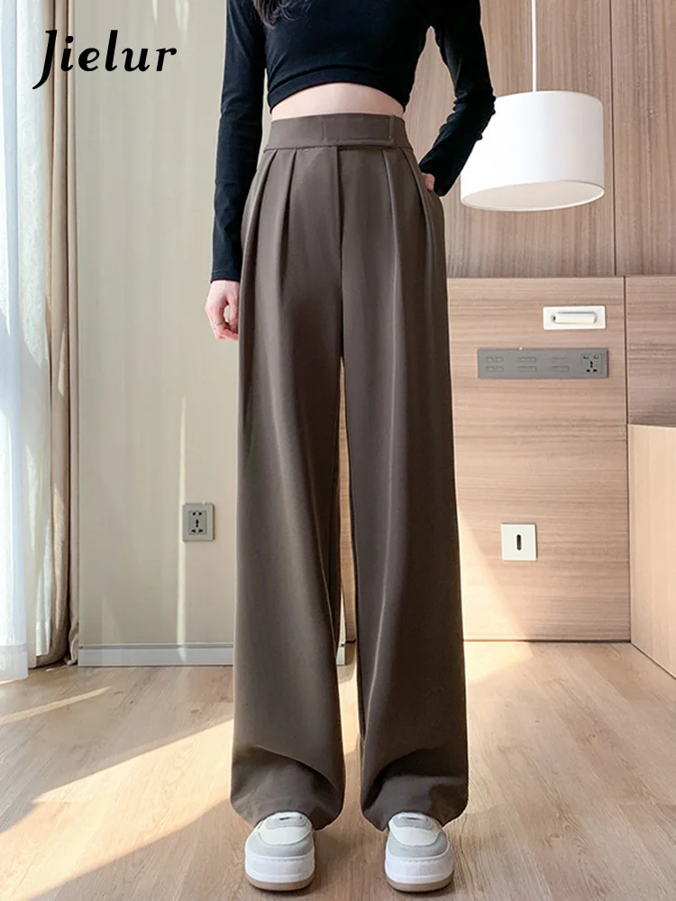 Jielur Brown Wide Leg Women Classic Suit Pants Vintage Palazzo Office  Elegant Casual Black Trousers Female High Waist Pants