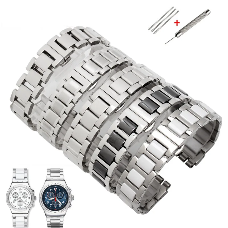 Stainless Steel + Ceramic Watch Band 17mm For Swatch Yvs441g Yas112g