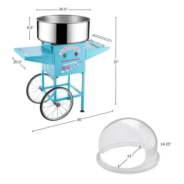 

Candy – Flufftastic 1000W Floss Maker with Cart, 13-Inch Wheels, Dome Shield, and Stainless-Steel Pan by (Blue)