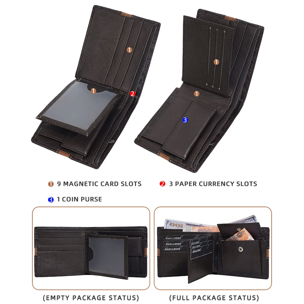 1Pcs/Baellerry Thin Men's Wallet with Zipper Coin Pocket, 9 Card Slots, Large Capacity, Simple Card Holder, Business Gift