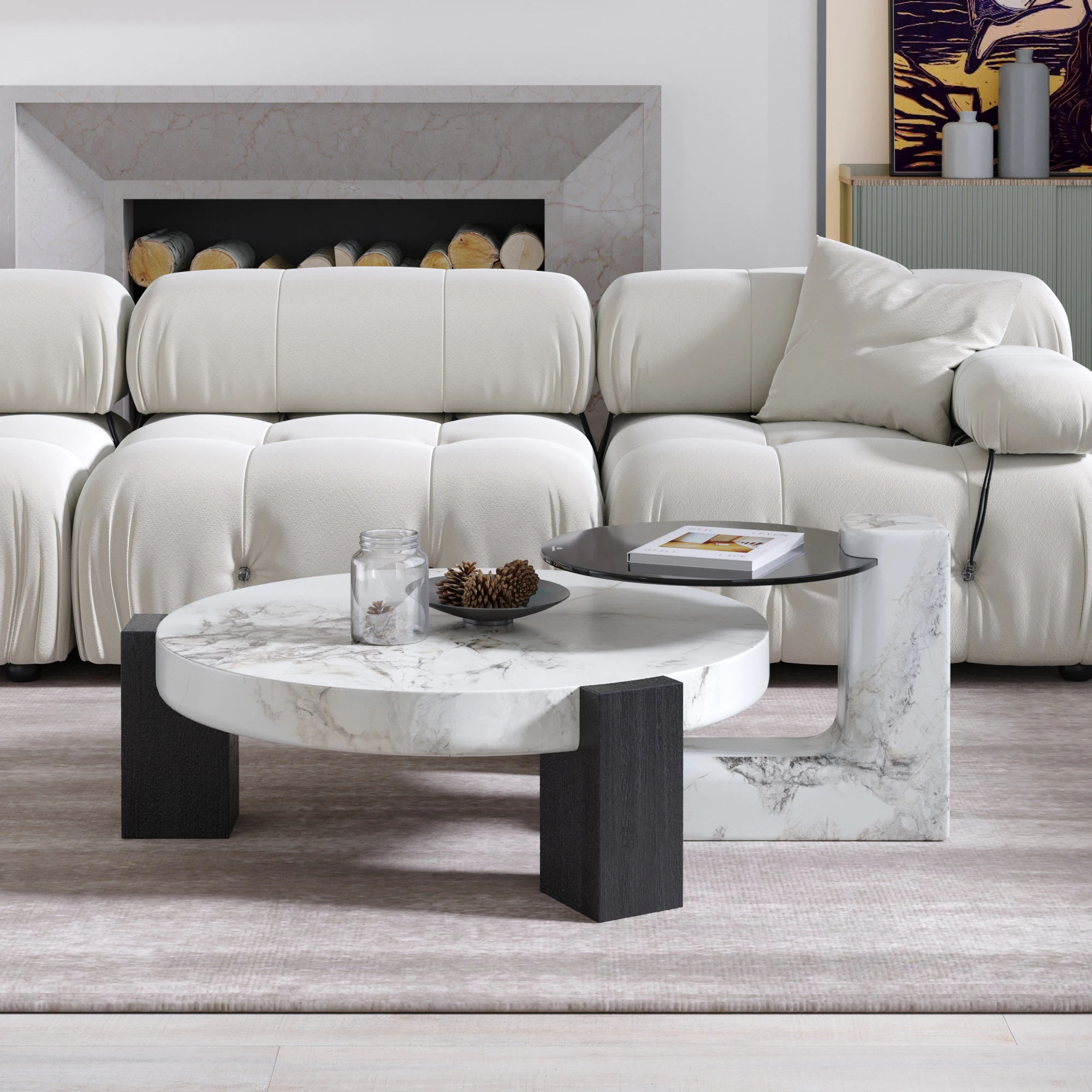 Atunus Italian Marble Coffee Table Living Room Light Luxury Size Round Combination Center Coffee Table Living Room Set