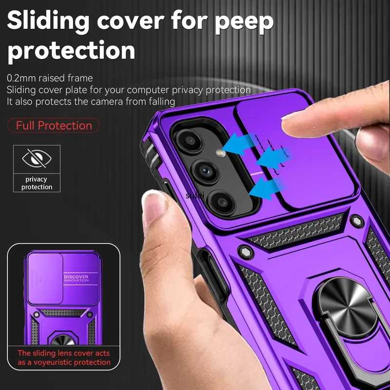 Shockproof Hybrid Dual Layer Magnetic Ring Stand Case with Slide Camera Protection Cover