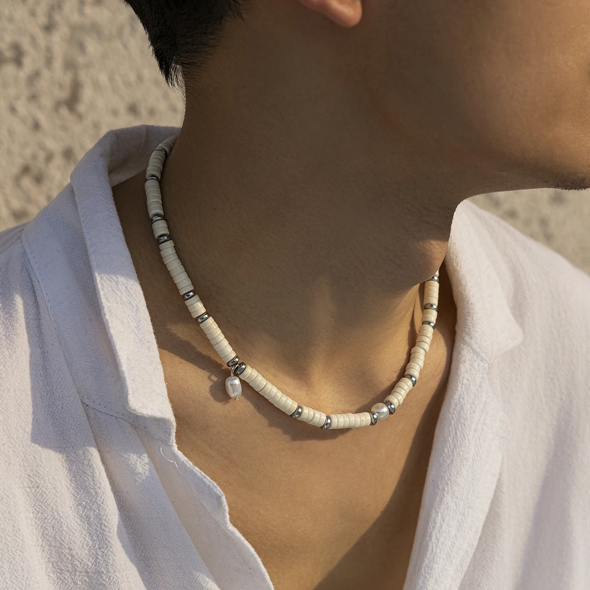 Salircon New White Round Disc Beaded Choker Necklace for Men