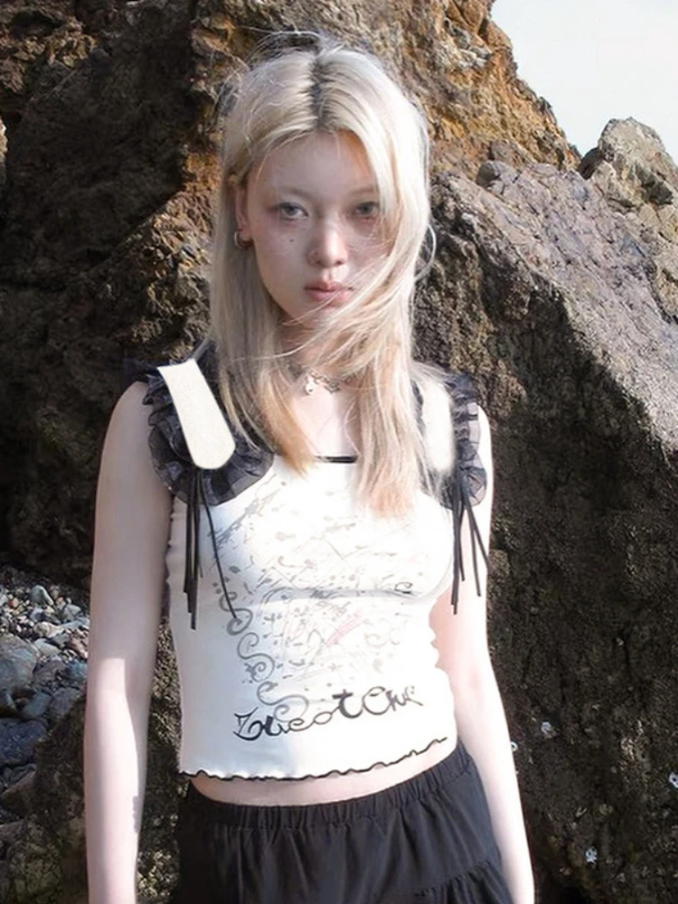 

Y2k Print Cami Top Aesthetic Women's Clothing Vintage Tank Top Sling Streetwear Lace Summer Tops Cropped Female Rave Outfit