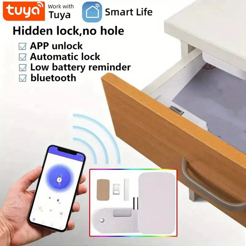 Tuya Lock Bluetooth Drawer Lock, Wireless Smart Security Cabinet Electronic Lock Keyless Invisible Safety Cabinet Locks Durable