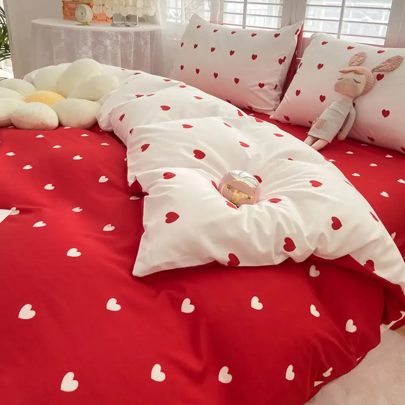 3D Home Textile Fashion Bedding Sets Girl Adult Teen Linens Red Heart Fashion Duvet Cover Pillowcase Flat Bed Sheet Queen Red,Twin 3Pcs 