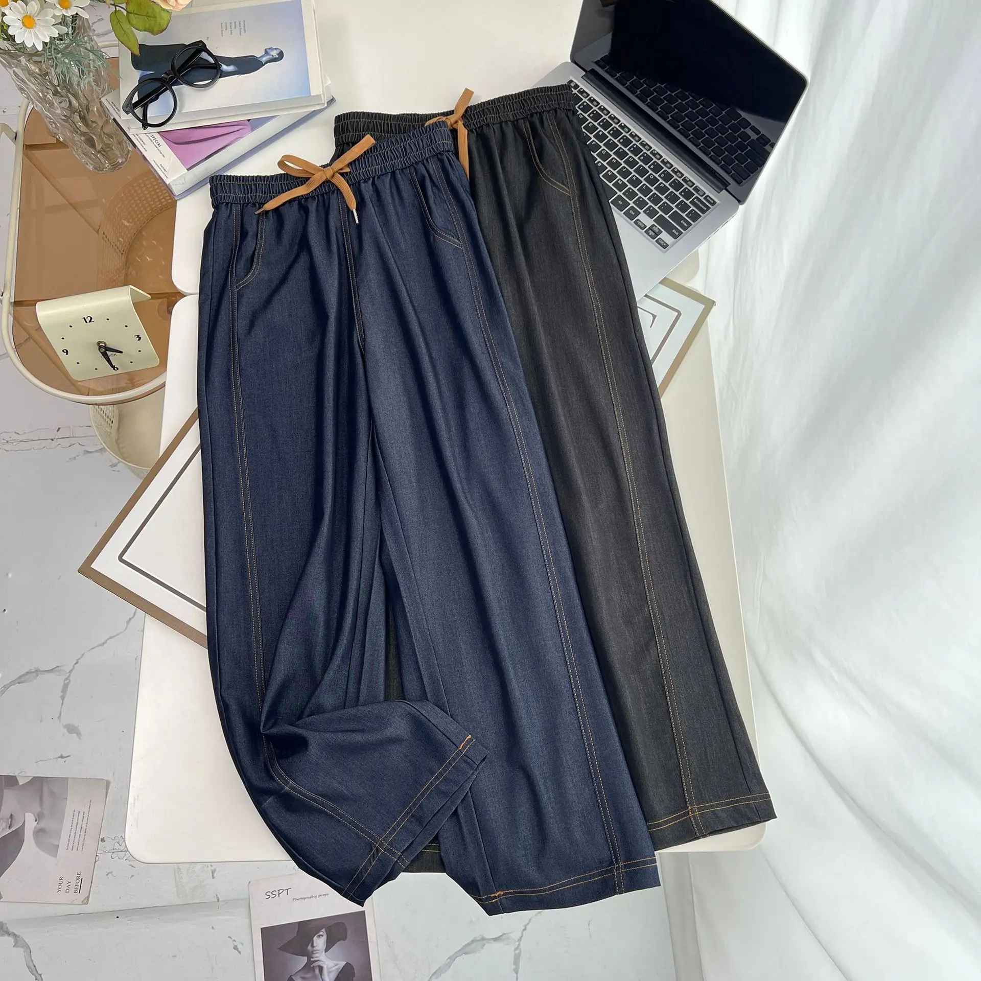 2025 Summer Wide Leg Jeans New 100KG Plus Size Women Casual Thin Bright Line Ice Silk Straight Trousers 9356