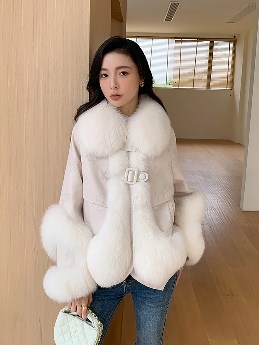 

2023 New Real fur,Korean Design famous Natural Fox Fur Collar Cashmere Wool Blends jackets and coats AO1708