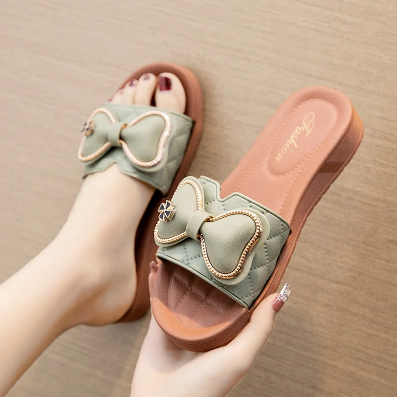 Bow Slippers Female Summer Wear Thick Flat Non-slip Beach Shoes