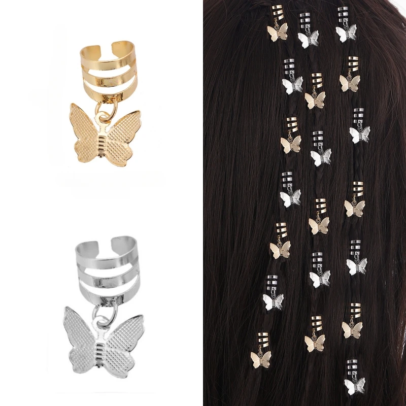 

1/20pcs/lot Gold Pendant Hair Rings Butterfly Dreadlocks Decorative Beads Braid Hair Cuffs Hair Clip Styling Accessories 2 Color