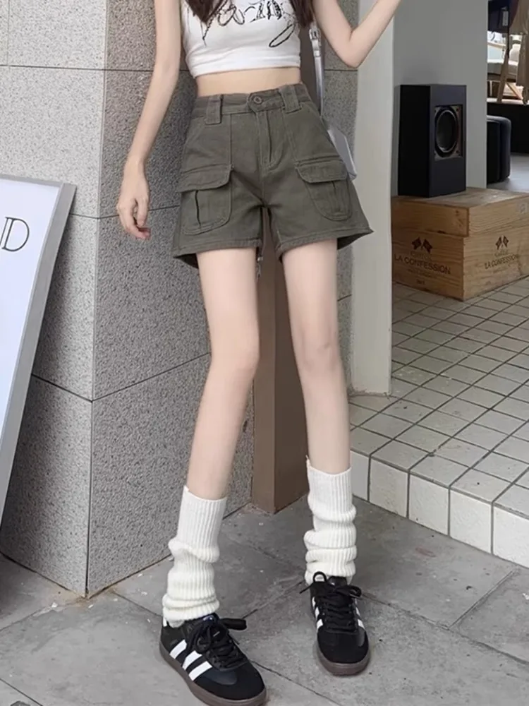 HOUZHOU Vintage Y2K Cargo Denim Shorts Women Baggy Short Jeans Casual Korean Fashion Wide Pockets Female Streetwear Summer Pants