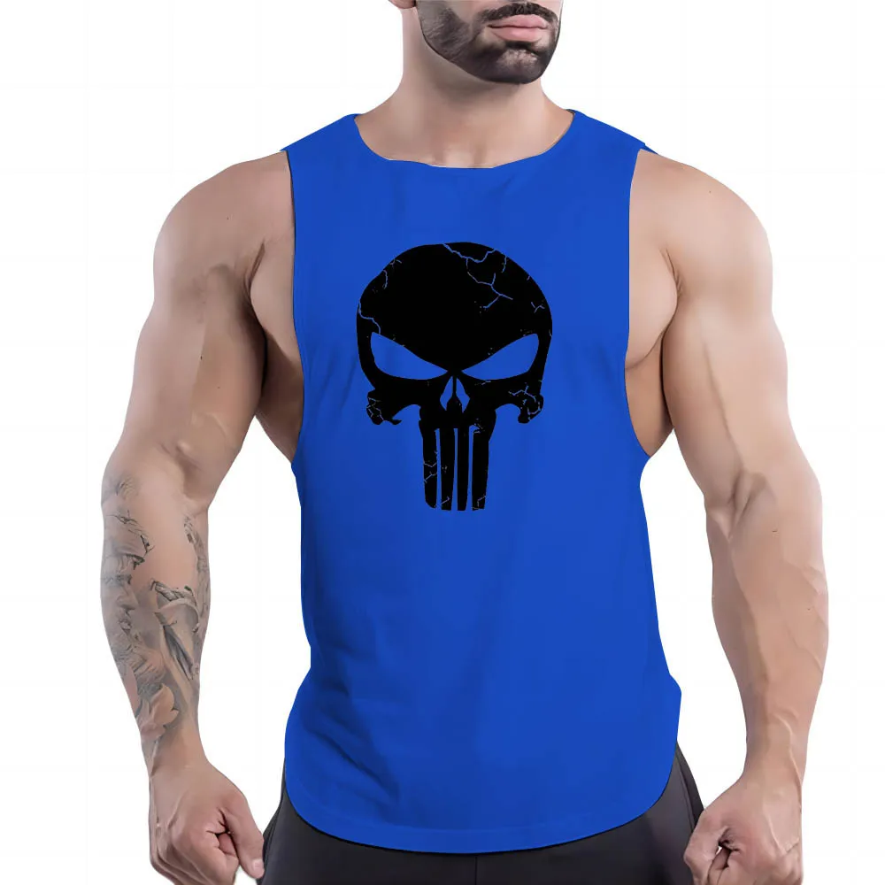 

Summer Outdoor Leisure Sports Style 2d Skull Print New Men'S Round Neck Comfortable Breathable Solid Color Vest Top Quick Dry