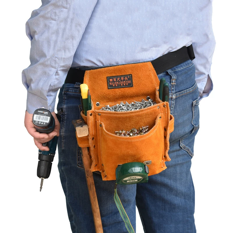 

Large Tool Bag Portable Storage Waist Bag Leather Tool Organizer Gardening Electrician Repair Welder Accessories With Belt