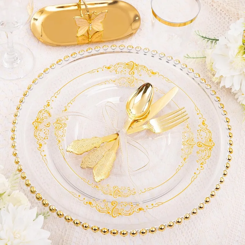 Description Picture 3 of item350pcs Plastic Plates, Disposable Plates with Trim, Includes: Dinner Plates, Dessert Plates, Cups, Rolled Napkin Cutlery