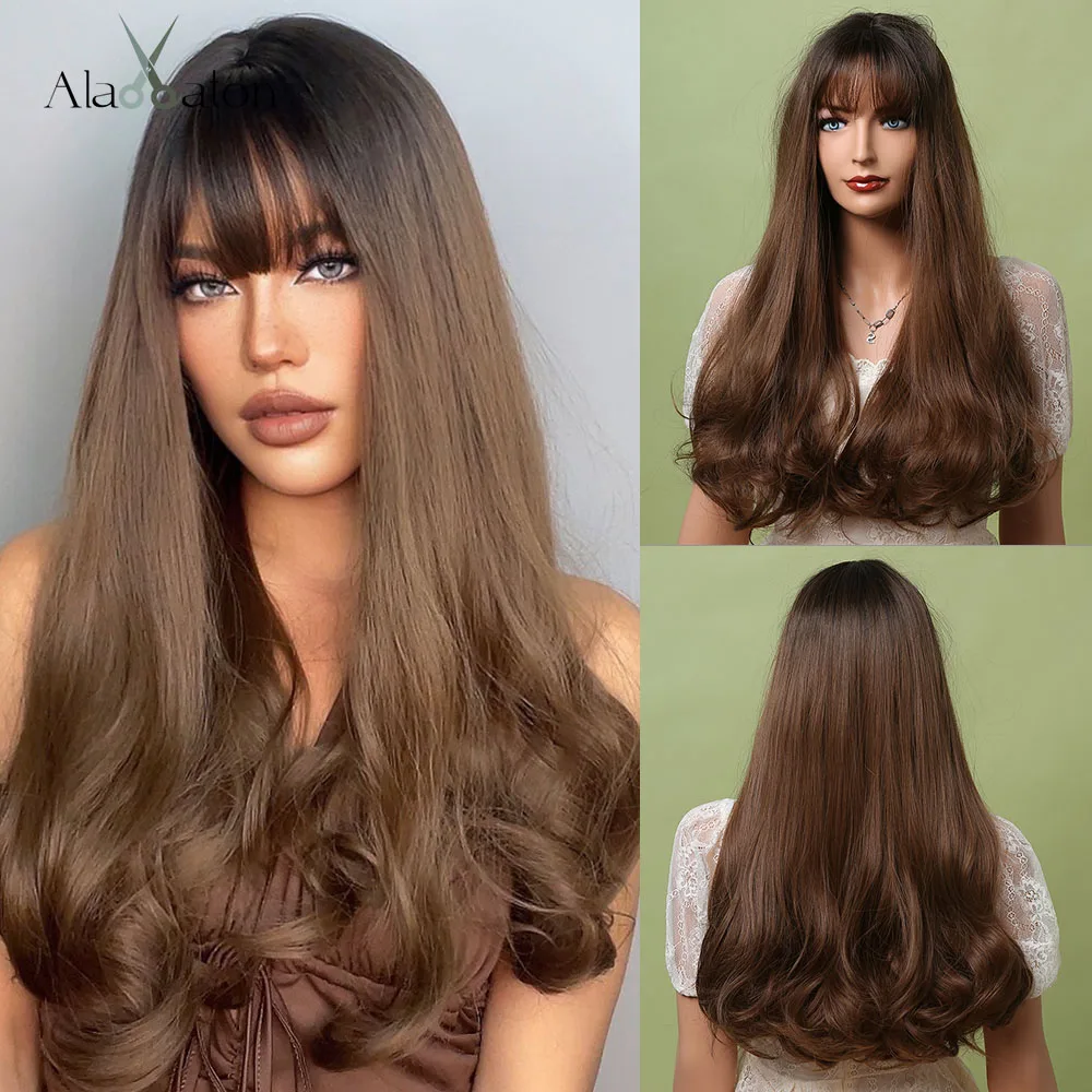 ALAN EATON Ombre Black Dark Brown Long Wavy Synthetic Wigs with Bangs Heat Resistant Cosplay for Women African American | Шиньоны и