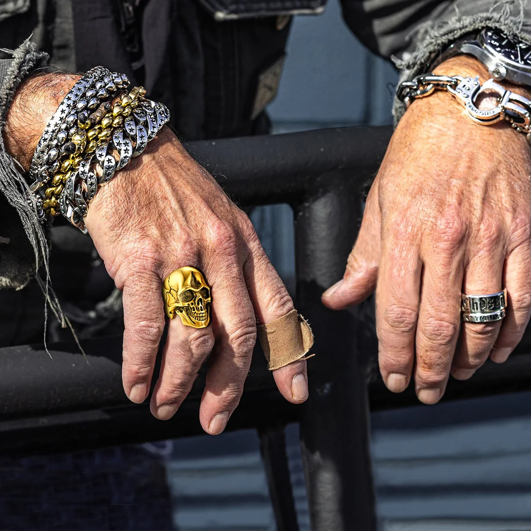 ChainsPro Gothic Skull Rings Stainless Steel 18K Gold Black Plated Band Skeleton Punk for Men Women Size 7-14 CP743