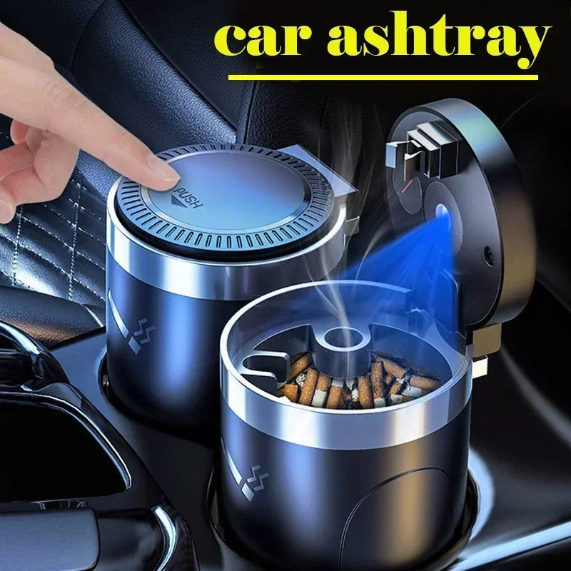 Car Ashtray LED Light Universal Alloy Ash Tray Aluminum Cup Smokeless Flame Retardant Cigarette Holder Box