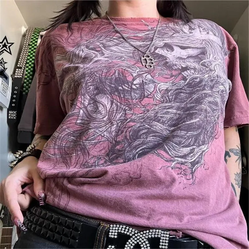 

Women Grunge T-Shirt Gothic Skull Print Short Sleeve Tops Halloween Female Summer Round Neck Loose Fit Shirt Club Streetwear