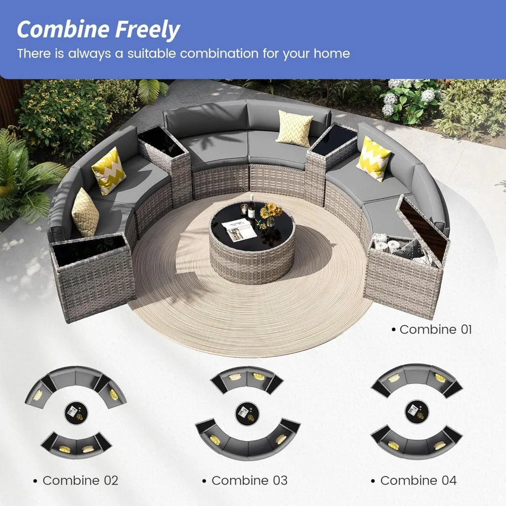 Patio Sectional Furniture Outdoor 11-Piece, Rattan Curved Sofa Set with Storage Table, Pillows, Fit for Pool Backyard Balcony 4