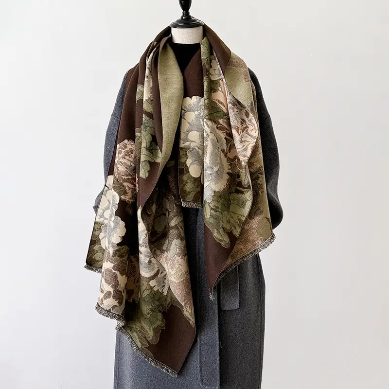 Fashion Peony Flower Print Shawl Women Imitation Cashmere Warm Scarf Autumn Winter Double Sided Ladies Pashmina Cape Cloak - Image 3