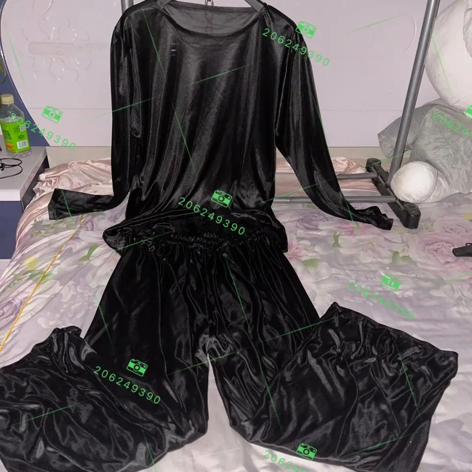 Autumn spring glossy satin pajamas 2 pieces set Long sleeve women silk loose sleeping plus size top pants