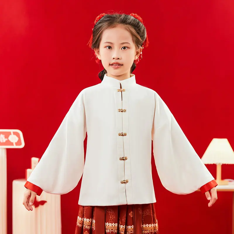 Oriental Style Basic Shirts For Girls Mandarin Collar Tang Tunic Tops Chinese Traditional Han Costume Kids Lucky Clothings 2024