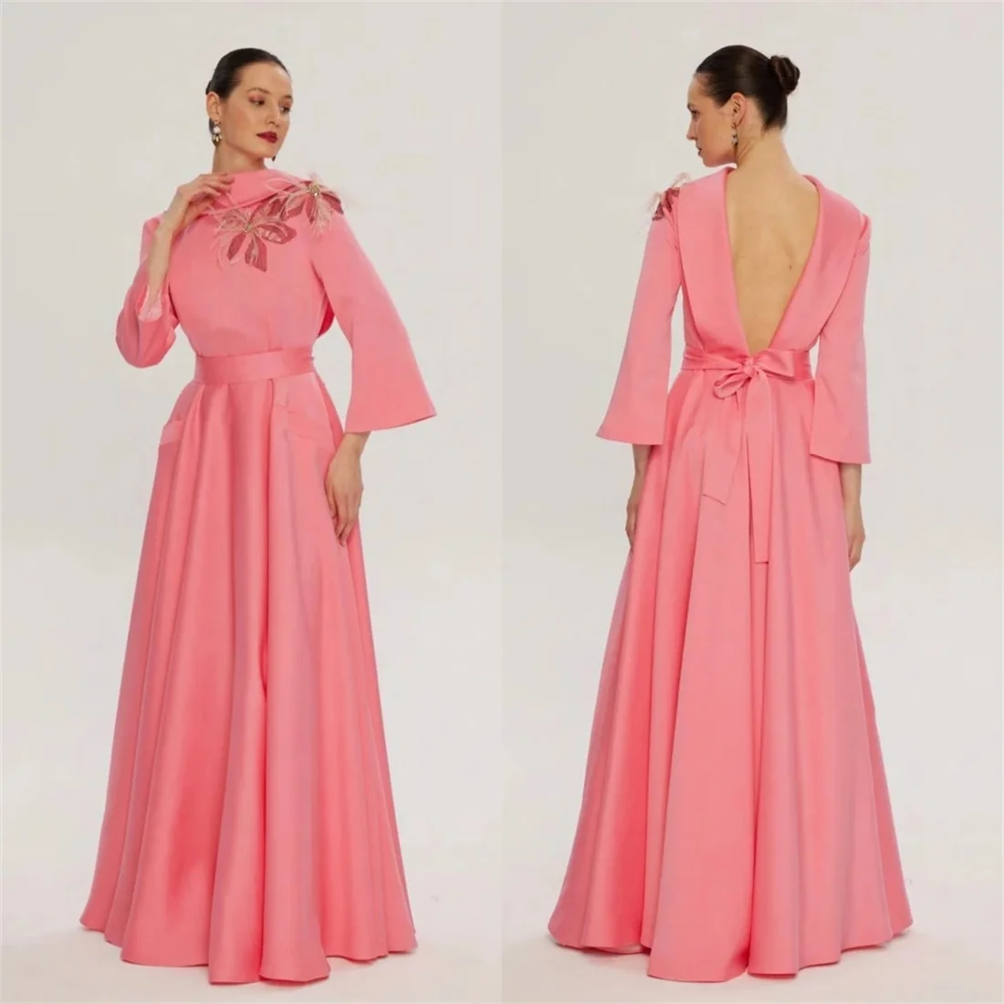 

Elegant Women Long Sleeves A-line Party Evening Dress Floor-Length Backless Sash Beaded Feathers Formal Occasion Gowns