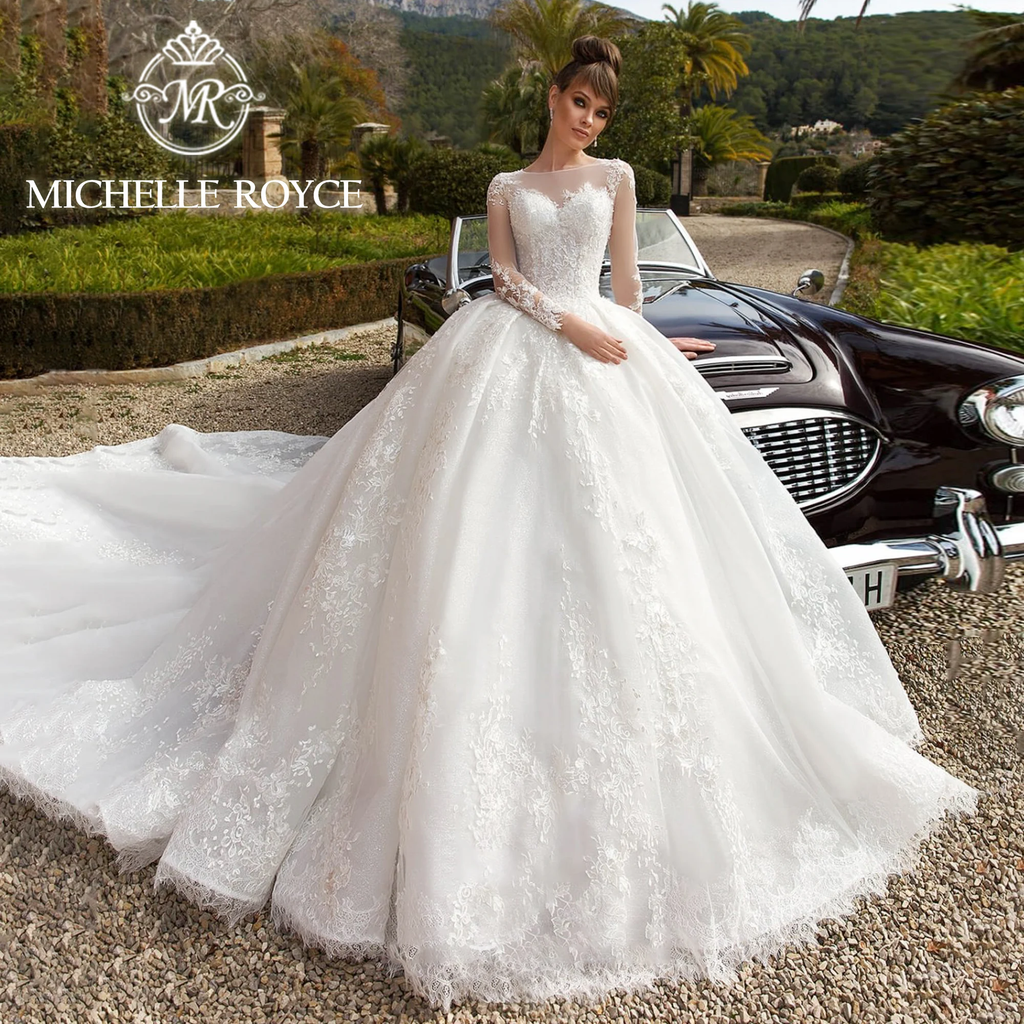 

Michelle Royce Luxury Ball Gown Wedding Dresses For Women 2024 Appliques Illusion Beading Button Wedding Gown Vestidos De Novia