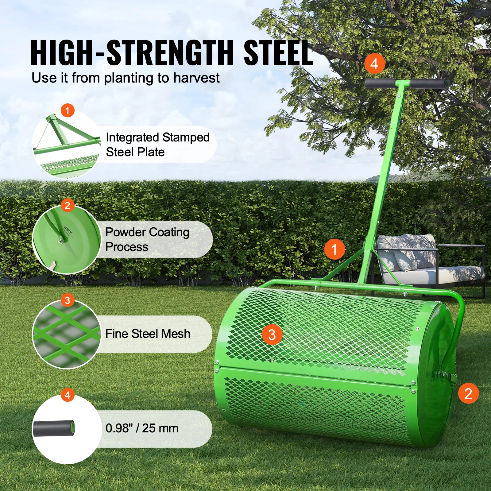 VEVOR Compost Spreader and Peat Moss Spreader 24 in Push/Tow-Behind Roller Lawn Spreader with Height Adjustable T Shaped Handle 3
