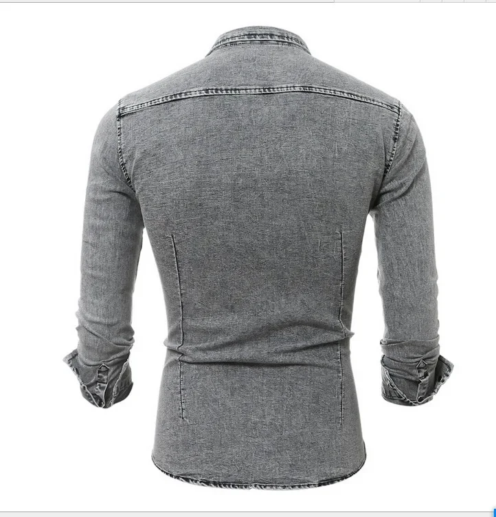 Men Denim Shirt Cotton Jeans Overshirt Slim Fit Long Sleeve Gray Washed Cowboy Shirts Tops M-3Xl