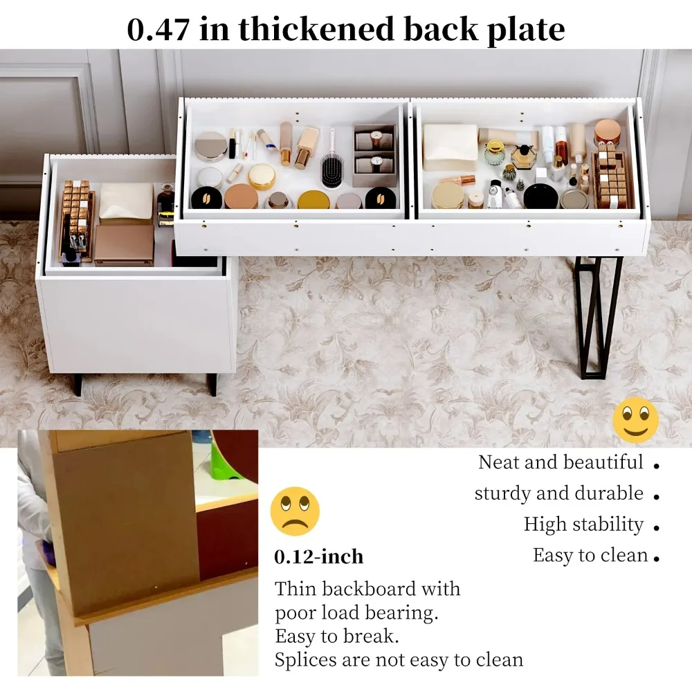 Vanity desk with mirror and lights, 3 Color Touch Screen Dimming Mirror, Adjustable Cabinet and 5 Sliding Drawers, Power Strip 3