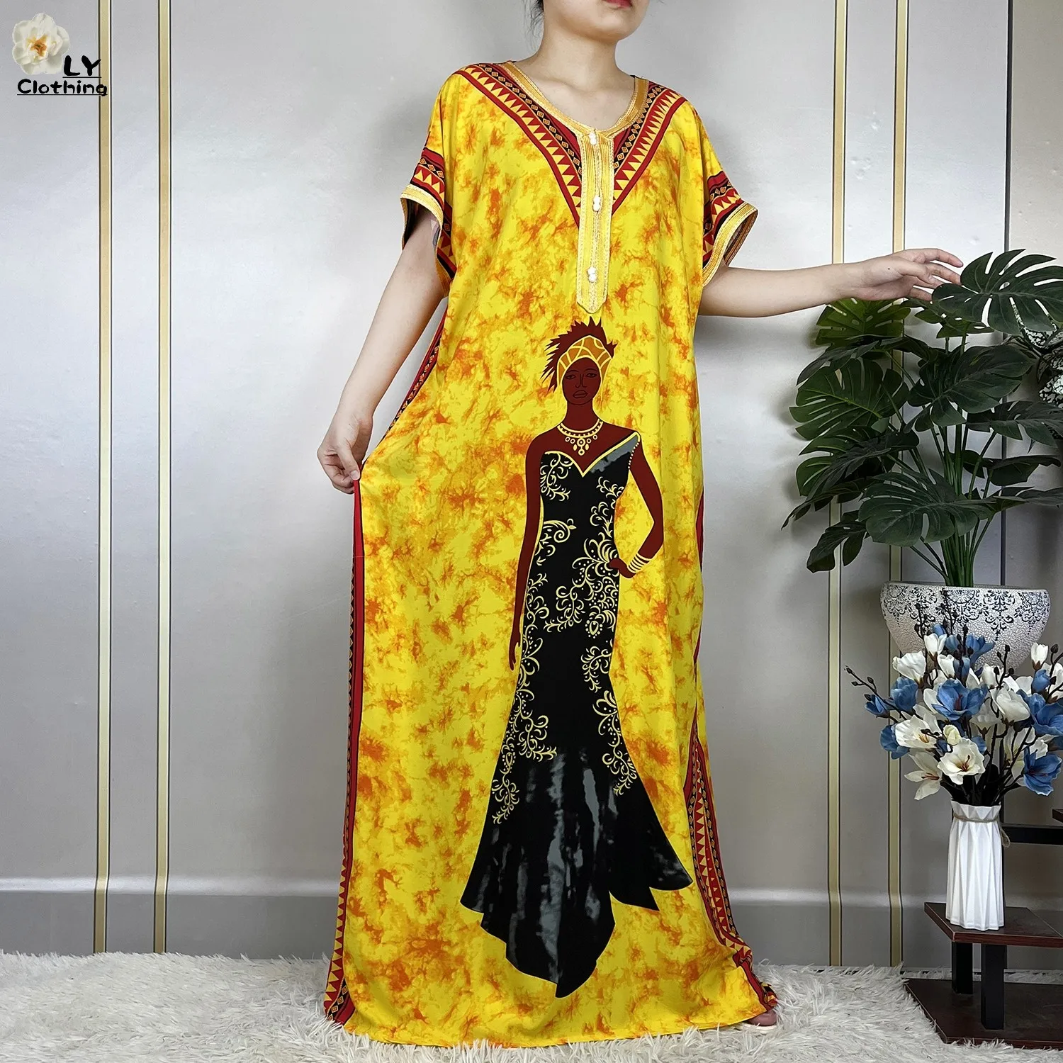 2023 New African Style Short Sleeve Dresses Cotton Pattern Printing Muslim Loose Robe Women Elegant Dress African Abaya Clothes 4