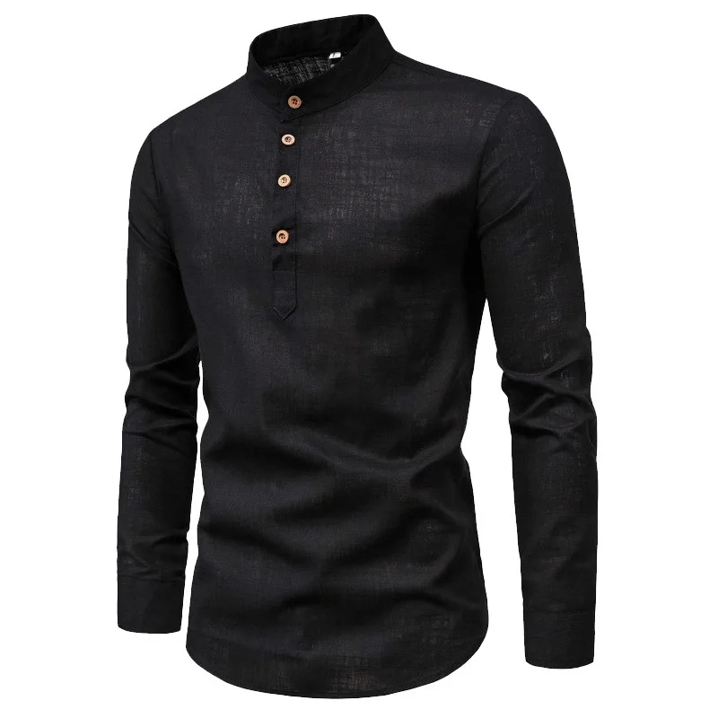 

Men's Casual Long Sleeve Shirt Linen Shirts Male Blouses Slim Social Business Shirts Top Soild Color Stand Collar Work Top