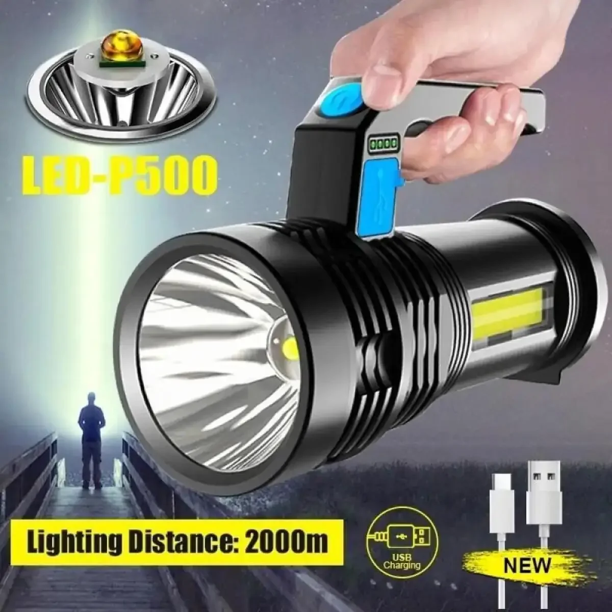 Waterproof LED Flashlight for Camping and Hiking with USB Rechargeable Battery