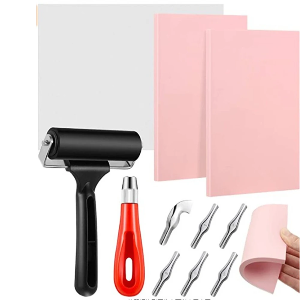 

Rubber Stamp Making Kit Linoleum Cutter With 6 Blades Rubber Carving Block Tracing Paper Scroll Wheel DIY Crafting Art Tools
