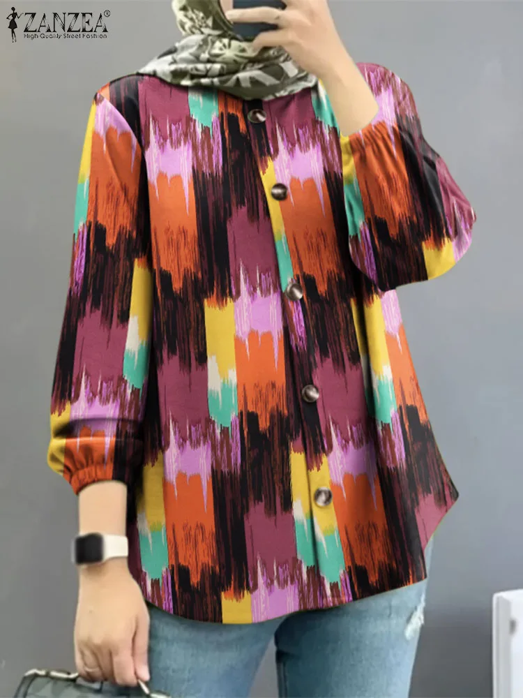 

ZANZEA Bohemian Floral Printed Muslim Blouse Woman Puff Sleeve O-Neck Tops Elegant Islamic Clothing Female Casual Party Chemise