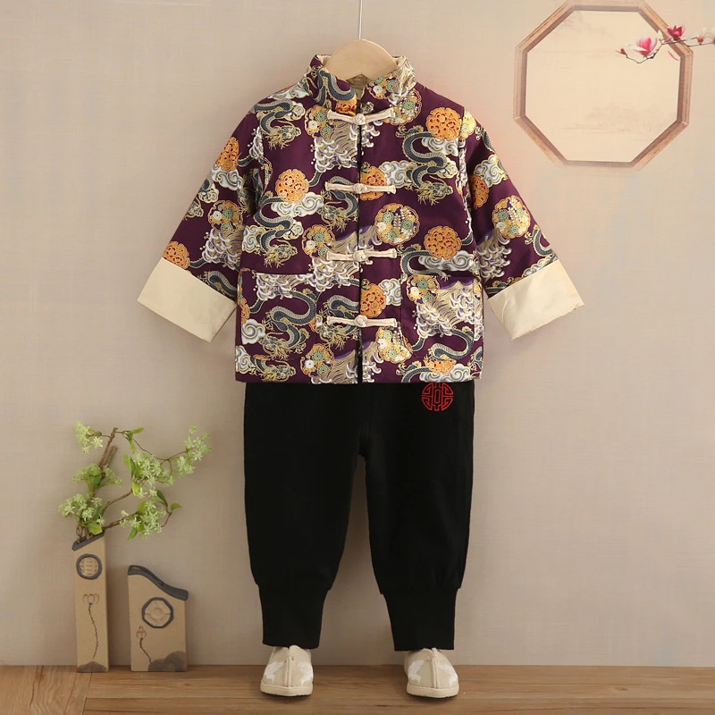 New Year Tang Suit Chinese Traditional Clothing for Kids Baby Hanfu 2Pcs Sets Cotton Long Sleeve Embroidery Winter Boy Girl Gift