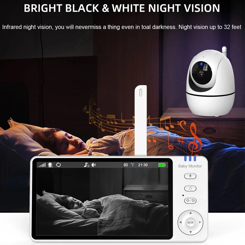 Baby Monitor 5 Inch video baby monitor Video With Pan Tilt Camera 2.4G Mother Kids Surveillance PTZ Video Cams Temperture Display Home Security Cam