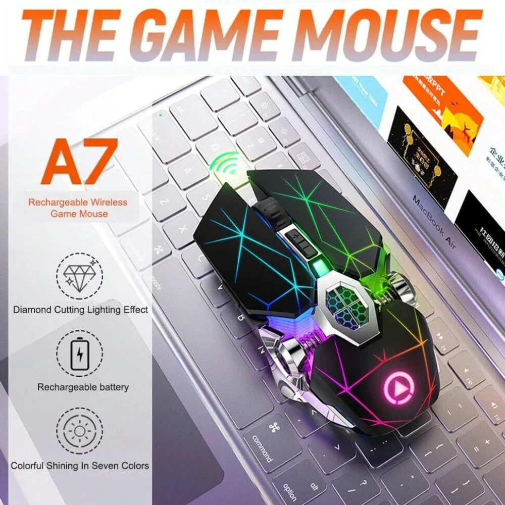 Wireless Gaming Mouse Optical 2.4G USB 1600DPI 7 Color LED Backlit Rechargeable for PC Laptop