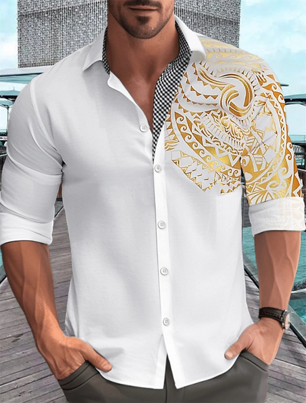 Men's button up lapel shirt black and white wine long sleeved pattern summer and spring wedding party men's clothing