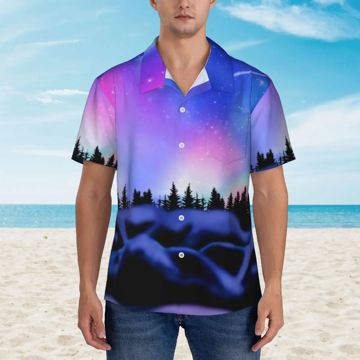 

Mountains Galaxy Vacation Shirt Northern Dreamy Lights Hawaiian Casual Shirts Men Trendy Blouses Short Sleeve Breathable Clothes