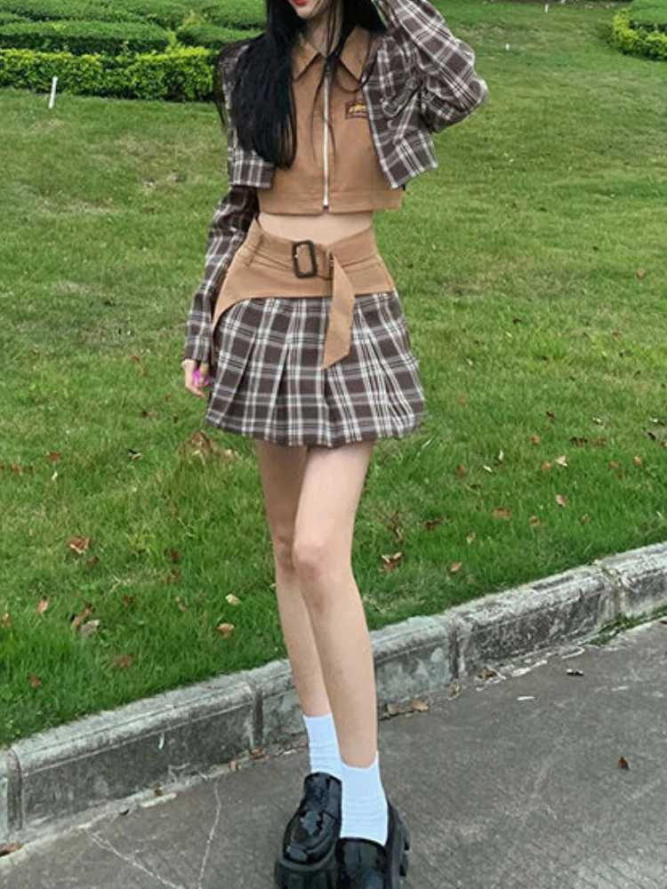 

Женский комплект из 2 предметов, клетчатый костюм в стиле сафари, кроп-топ + мини-скобы + Ретро-пальто, корейская мода, лето 2023